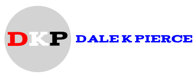 Logo of Dale K Pierce. Initials D is a red colour, K is a white colour, P is a black colour and they are in a circle with the background in grey. His full name is in blue.