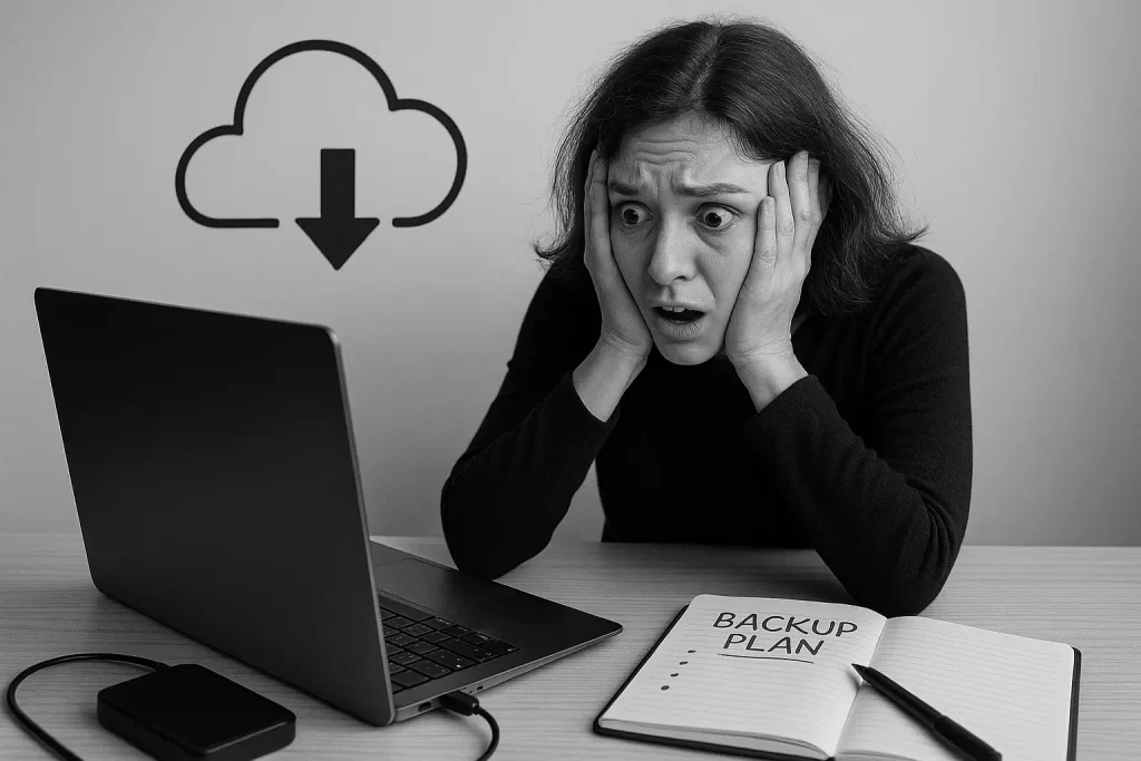 Backup Panic Look - dramatic black-and-white desk scene symbolizing panic during data failure